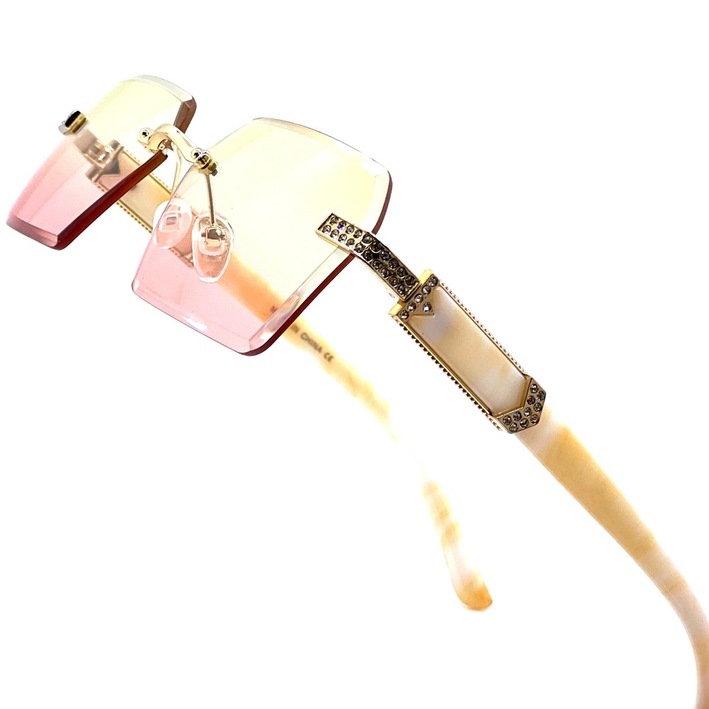 Sunglasses Women Fashion Rhinestone Square Gradient Yellow Pink Lens Marble Arms